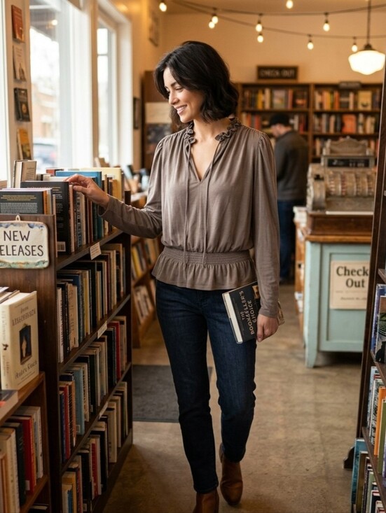 Elie Tahari Tops - Elie Tahari Peplum Blouse Top with Tie Neck Ruffle Detail in Taupe Mocha, Medium